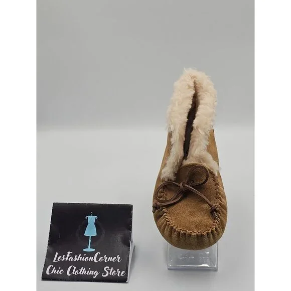 UGG Kid's Tan Suede Alena Shearling-Lined Moccasin Slippers Size 3 2513 - Picture 15 of 16